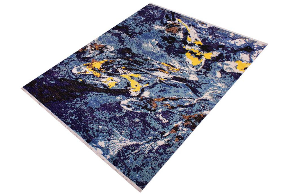 handmade Modern Kafkaz Blue Ivory Hand Knotted RECTANGLE WOOL&SILK area rug 6X9