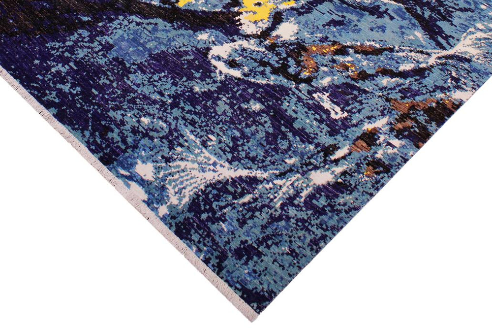 handmade Modern Kafkaz Blue Ivory Hand Knotted RECTANGLE WOOL&SILK area rug 6X9