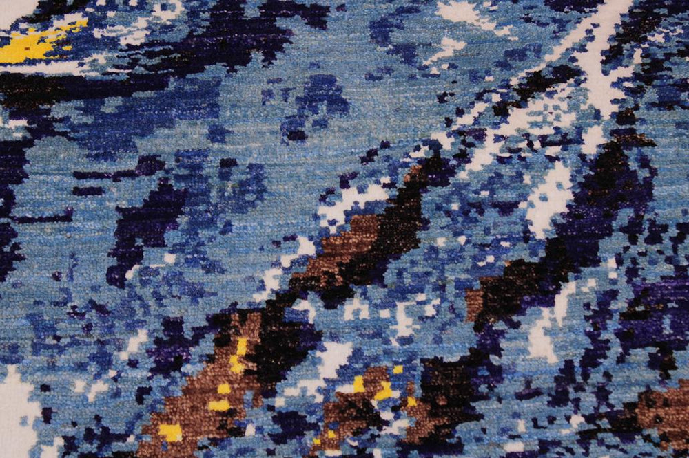 handmade Modern Kafkaz Blue Ivory Hand Knotted RECTANGLE WOOL&SILK area rug 6X9