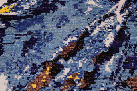 handmade Modern Kafkaz Blue Ivory Hand Knotted RECTANGLE WOOL&SILK area rug 6' x 9'