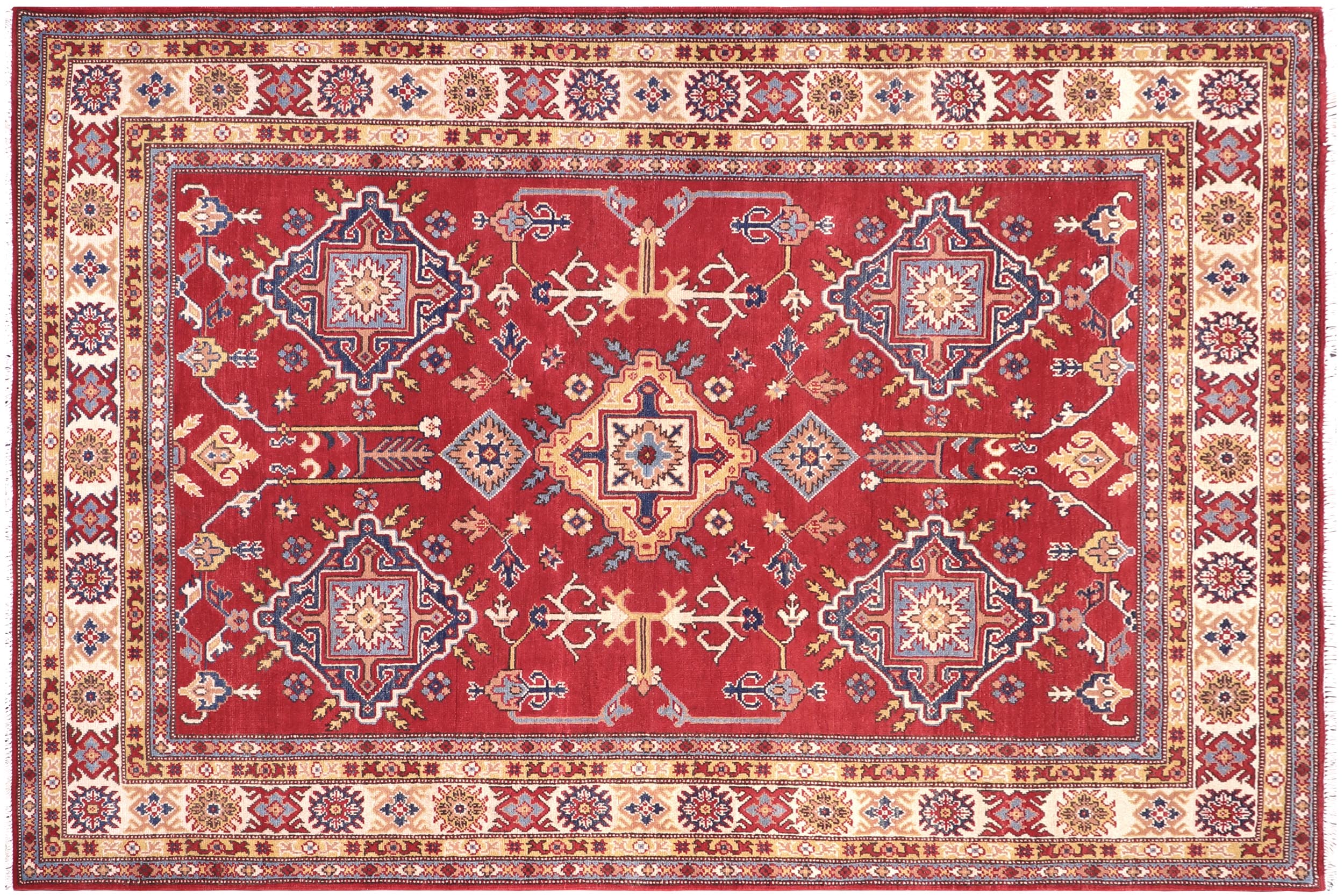 handmade Geometric Kazak Red Beige Hand Knotted RECTANGLE 100% WOOL area rug 6'X8'
