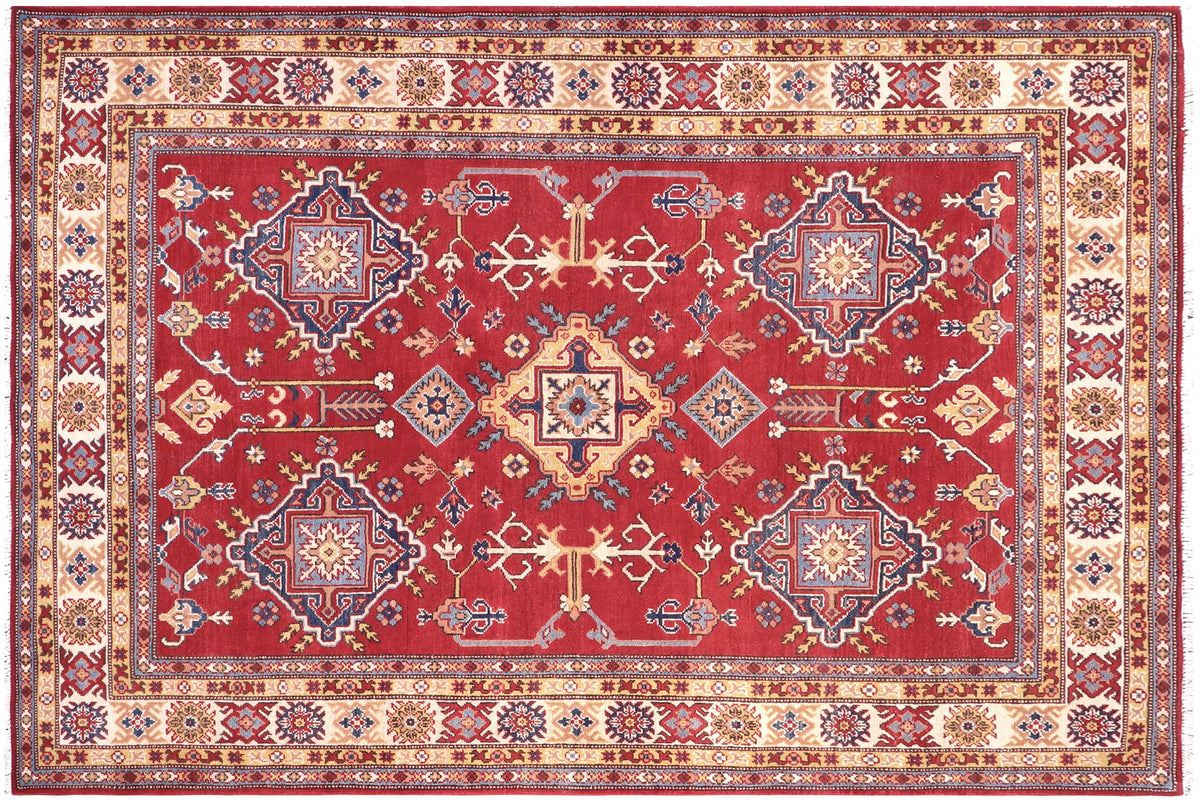 handmade Geometric Kazak Red Beige Hand Knotted RECTANGLE 100% WOOL area rug 6'X8'