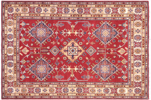 handmade Geometric Kazak Red Beige Hand Knotted RECTANGLE 100% WOOL area rug 6'X8'