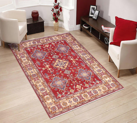 handmade Geometric Kazak Red Beige Hand Knotted RECTANGLE 100% WOOL area rug 6'X8'