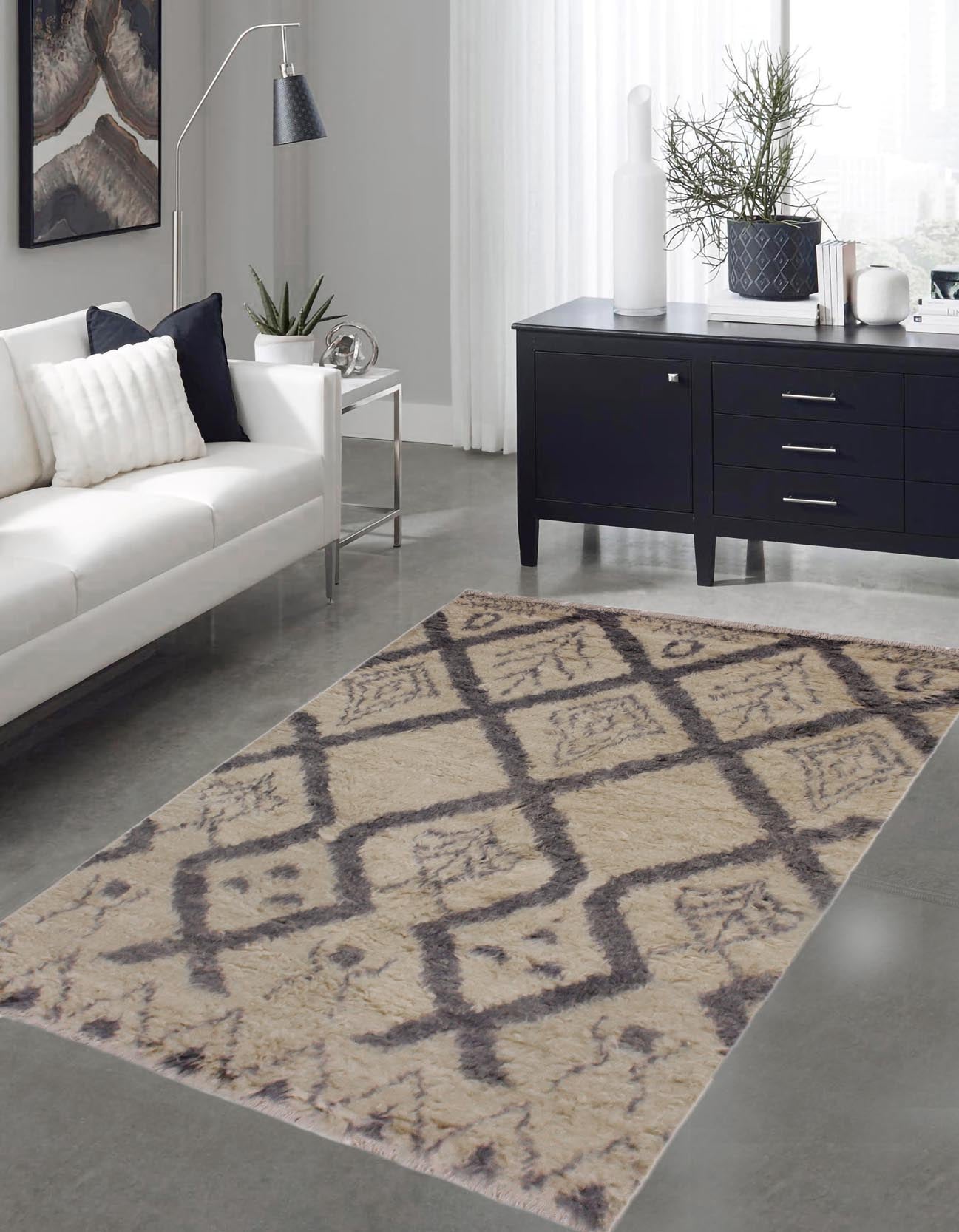 handmade Geometric Moroccan Ivory Grey Hand Knotted RECTANGLE 100% WOOL area rug 4' x 6'