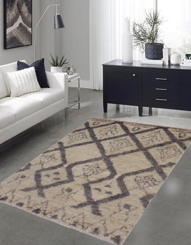 handmade Geometric Moroccan Ivory Grey Hand Knotted RECTANGLE 100% WOOL area rug 4' x 6'