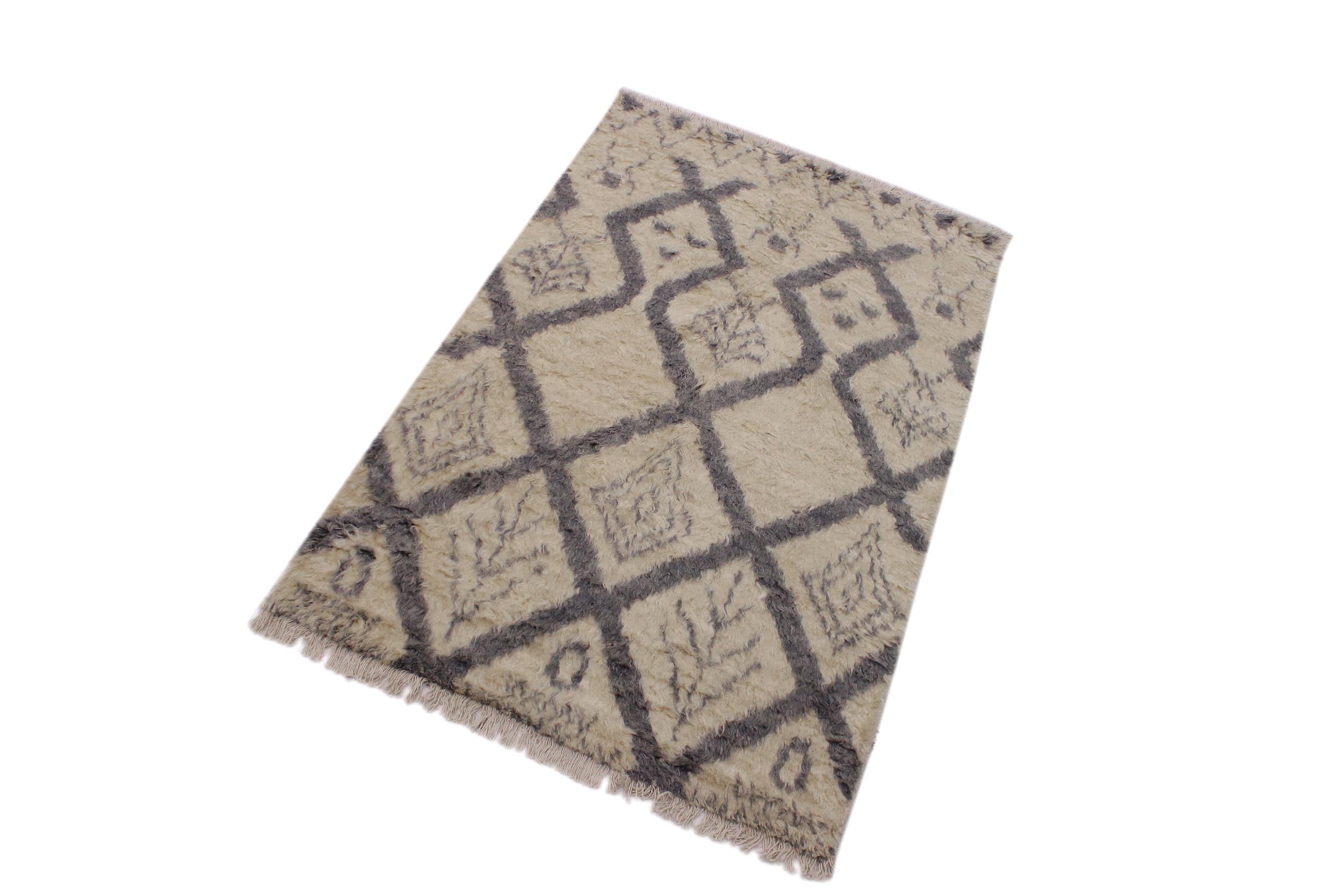 handmade Geometric Moroccan Ivory Grey Hand Knotted RECTANGLE 100% WOOL area rug 4' x 6'