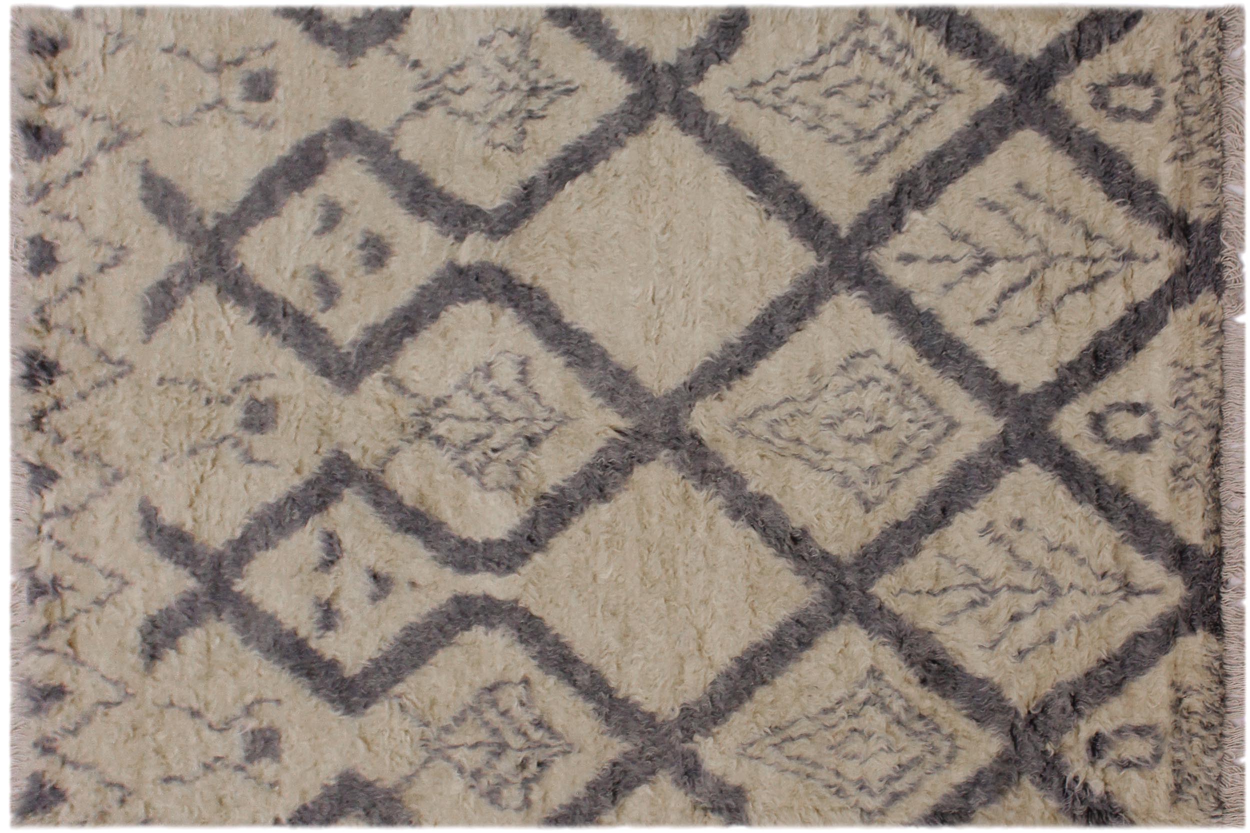 handmade Geometric Moroccan Ivory Grey Hand Knotted RECTANGLE 100% WOOL area rug 4' x 6'
