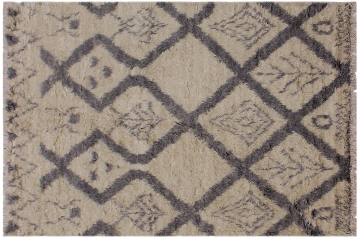 handmade Geometric Moroccan Ivory Grey Hand Knotted RECTANGLE 100% WOOL area rug 4' x 6'
