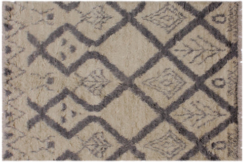 handmade Geometric Moroccan Ivory Grey Hand Knotted RECTANGLE 100% WOOL area rug 4' x 6'