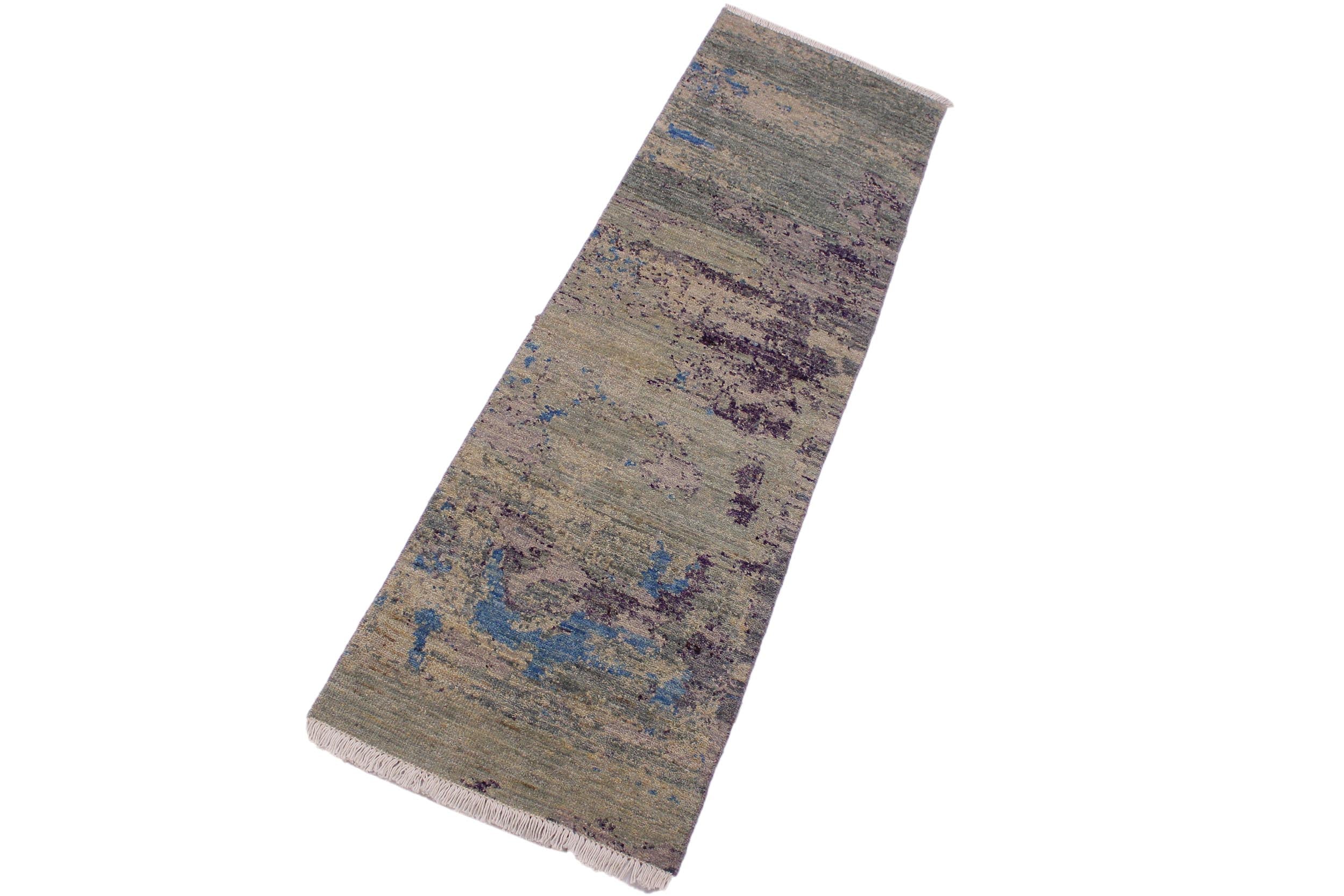 handmade Modern Kafkaz Green Blue Hand Knotted RUNNER 100% WOOL area rug 2' x 6'
