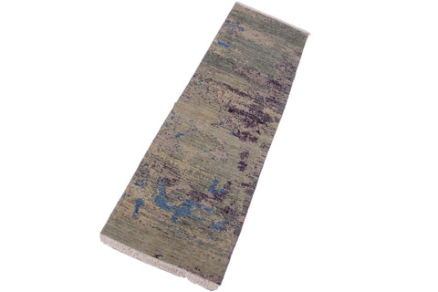 handmade Modern Kafkaz Green Blue Hand Knotted RUNNER 100% WOOL area rug 2' x 6'