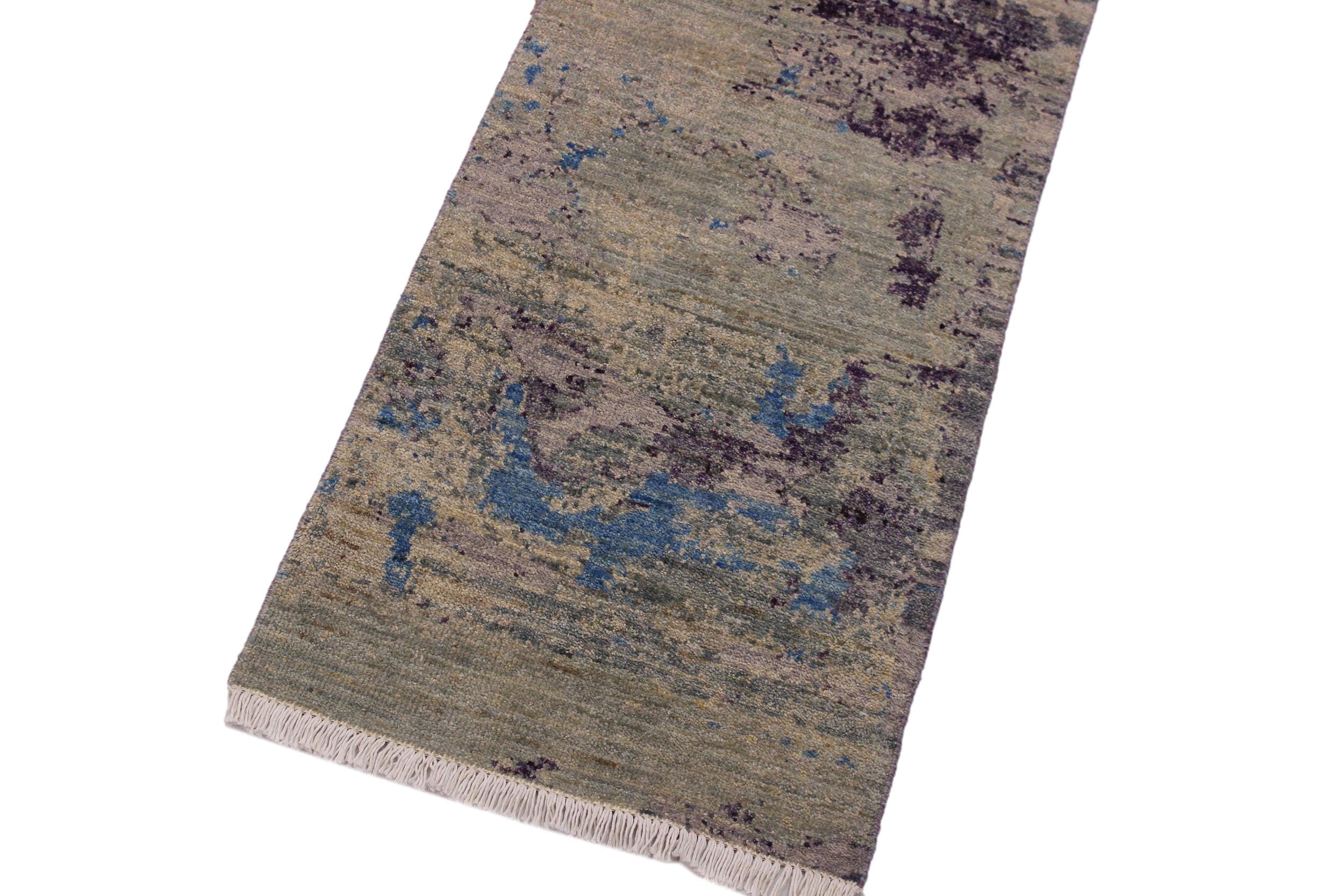 handmade Modern Kafkaz Green Blue Hand Knotted RUNNER 100% WOOL area rug 2' x 6'