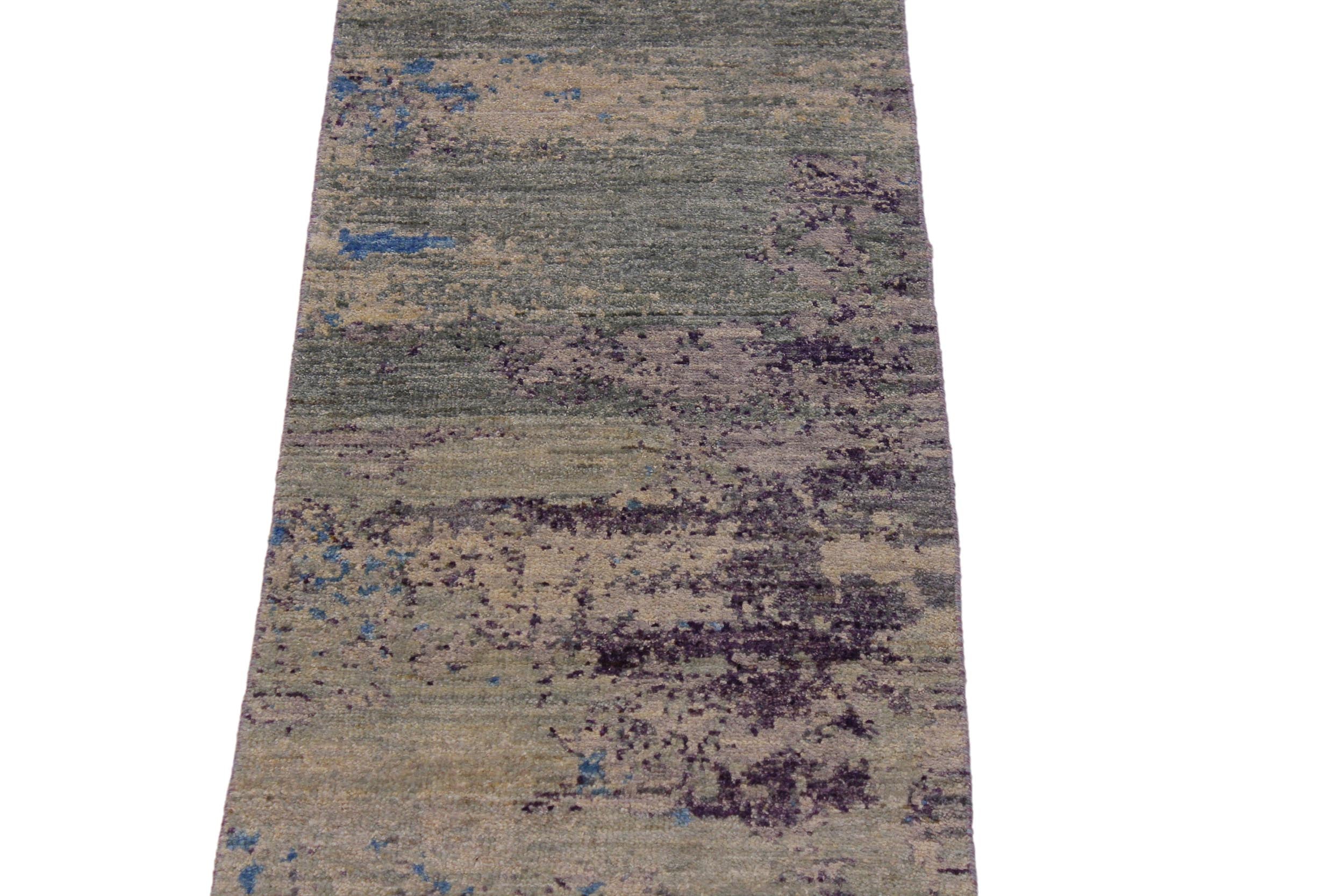handmade Modern Kafkaz Green Blue Hand Knotted RUNNER 100% WOOL area rug 2' x 6'