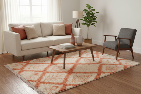 handmade Geometric Moroccan Ivory Rust Hand Knotted RECTANGLE 100% WOOL area rug 4' x 6'
