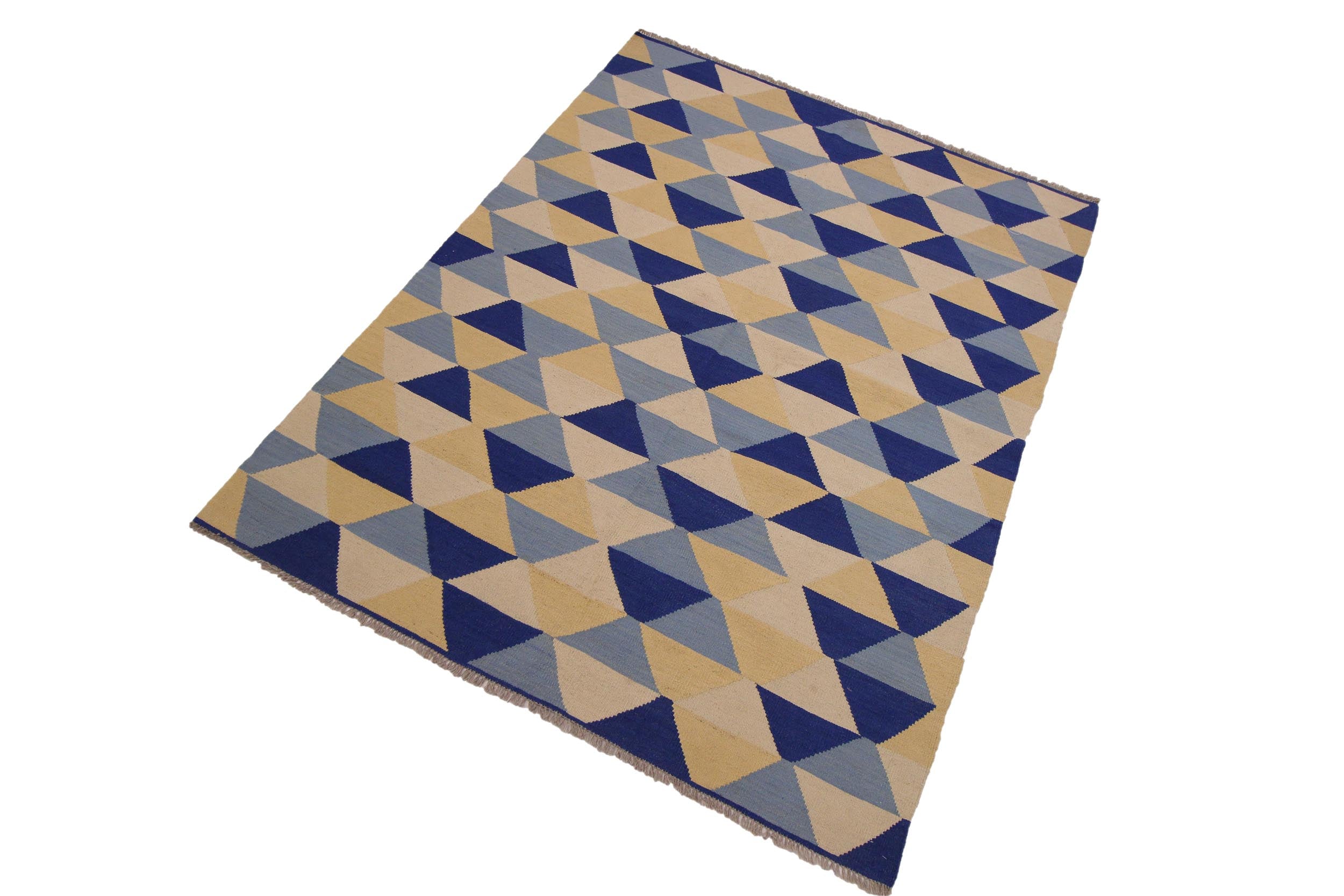 handmade Modern Kilim Ivory Blue Hand-Woven RECTANGLE 100% WOOL area rug 5x7