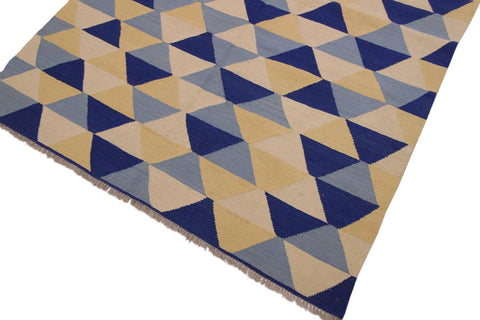 handmade Modern Kilim Ivory Blue Hand-Woven RECTANGLE 100% WOOL area rug 5x7
