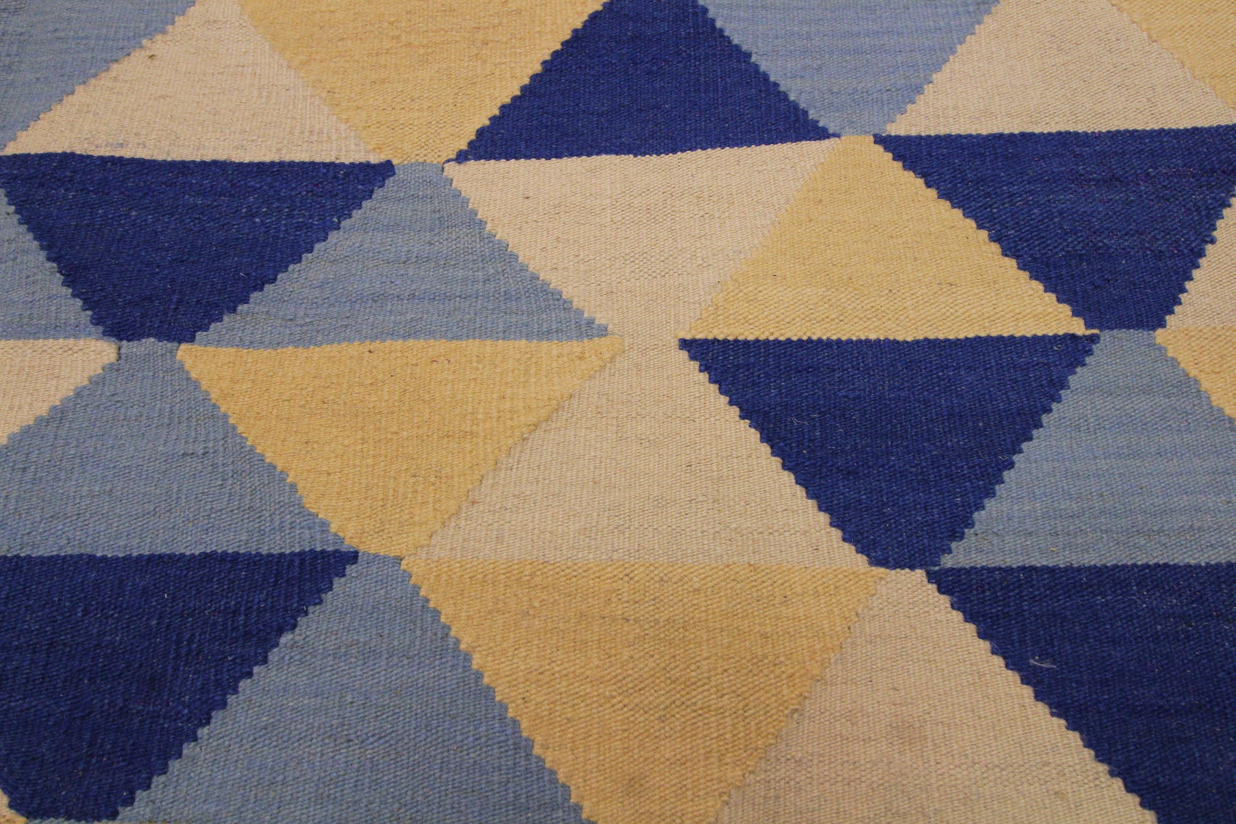 handmade Modern Kilim Ivory Blue Hand-Woven RECTANGLE 100% WOOL area rug 5x7