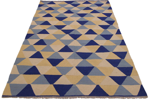 handmade Modern Kilim Ivory Blue Hand-Woven RECTANGLE 100% WOOL area rug 5x7