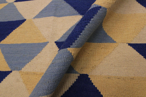 handmade Modern Kilim Ivory Blue Hand-Woven RECTANGLE 100% WOOL area rug 5x7