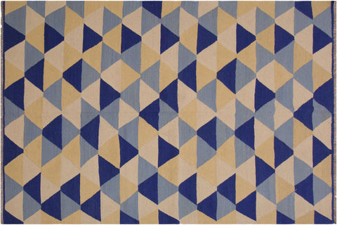 handmade Modern Kilim Ivory Blue Hand-Woven RECTANGLE 100% WOOL area rug 5x7