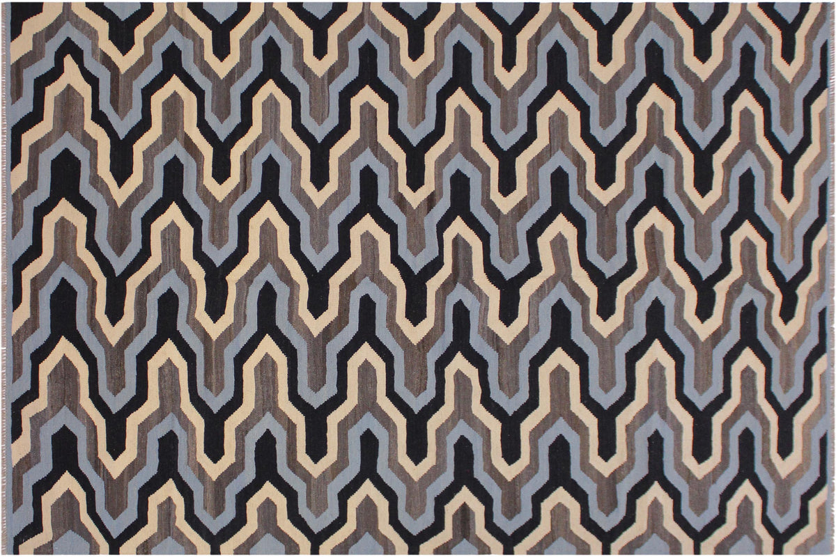 handmade Modern Kilim Ivory Blue Hand-Woven RECTANGLE 100% WOOL area rug 6x8