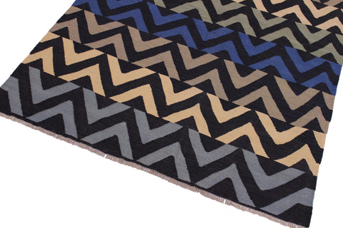 handmade Modern Kilim Black Ivory Hand-Woven RECTANGLE 100% WOOL area rug 5x7