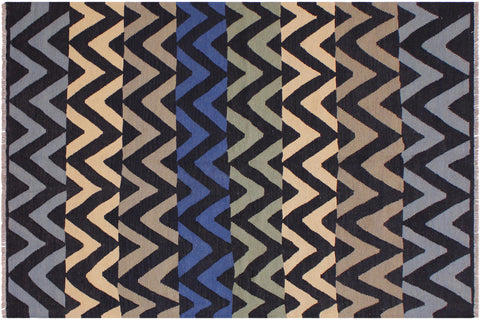 handmade Modern Kilim Black Ivory Hand-Woven RECTANGLE 100% WOOL area rug 5x7