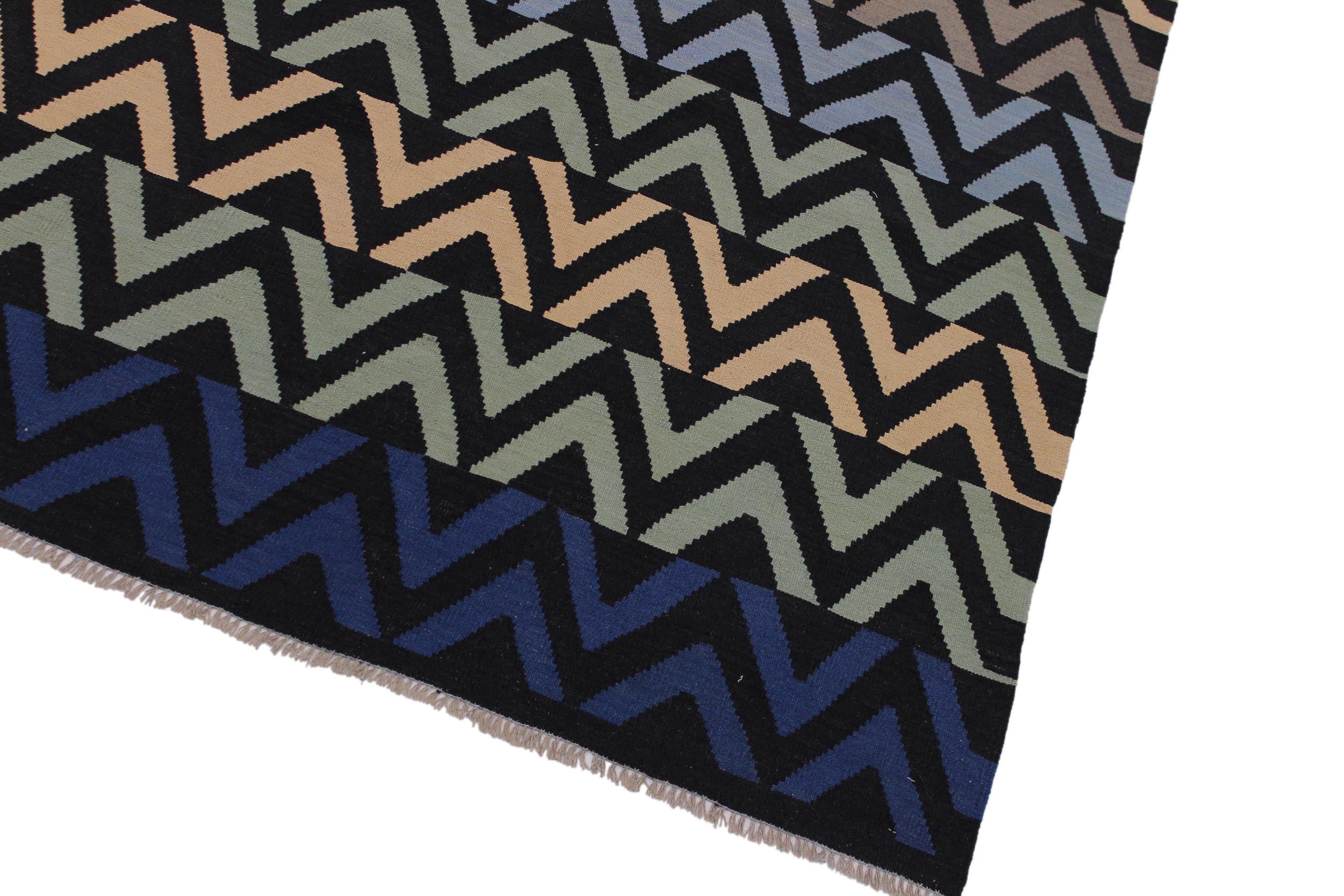 handmade Modern Kilim Black Blue Hand-Woven RECTANGLE 100% WOOL area rug 5x7