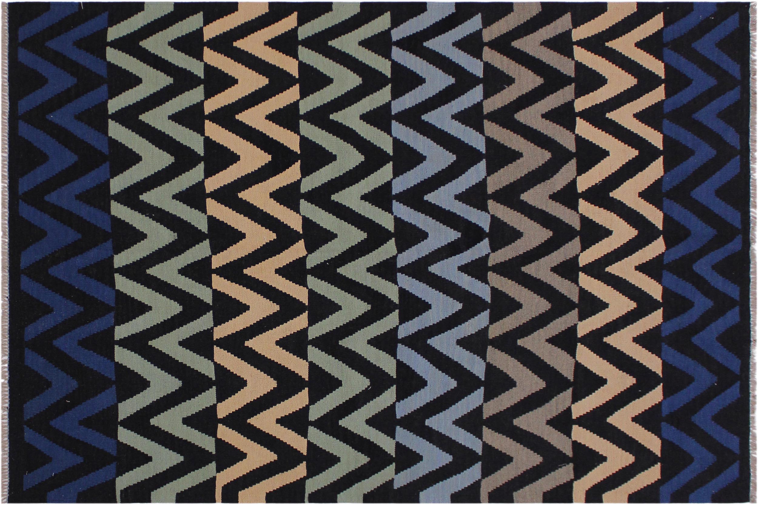 handmade Modern Kilim Black Blue Hand-Woven RECTANGLE 100% WOOL area rug 5x7