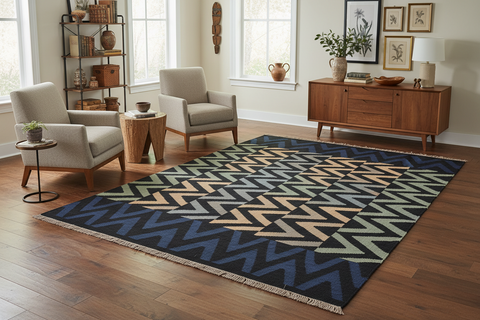 handmade Modern Kilim Black Blue Hand-Woven RECTANGLE 100% WOOL area rug 5x7