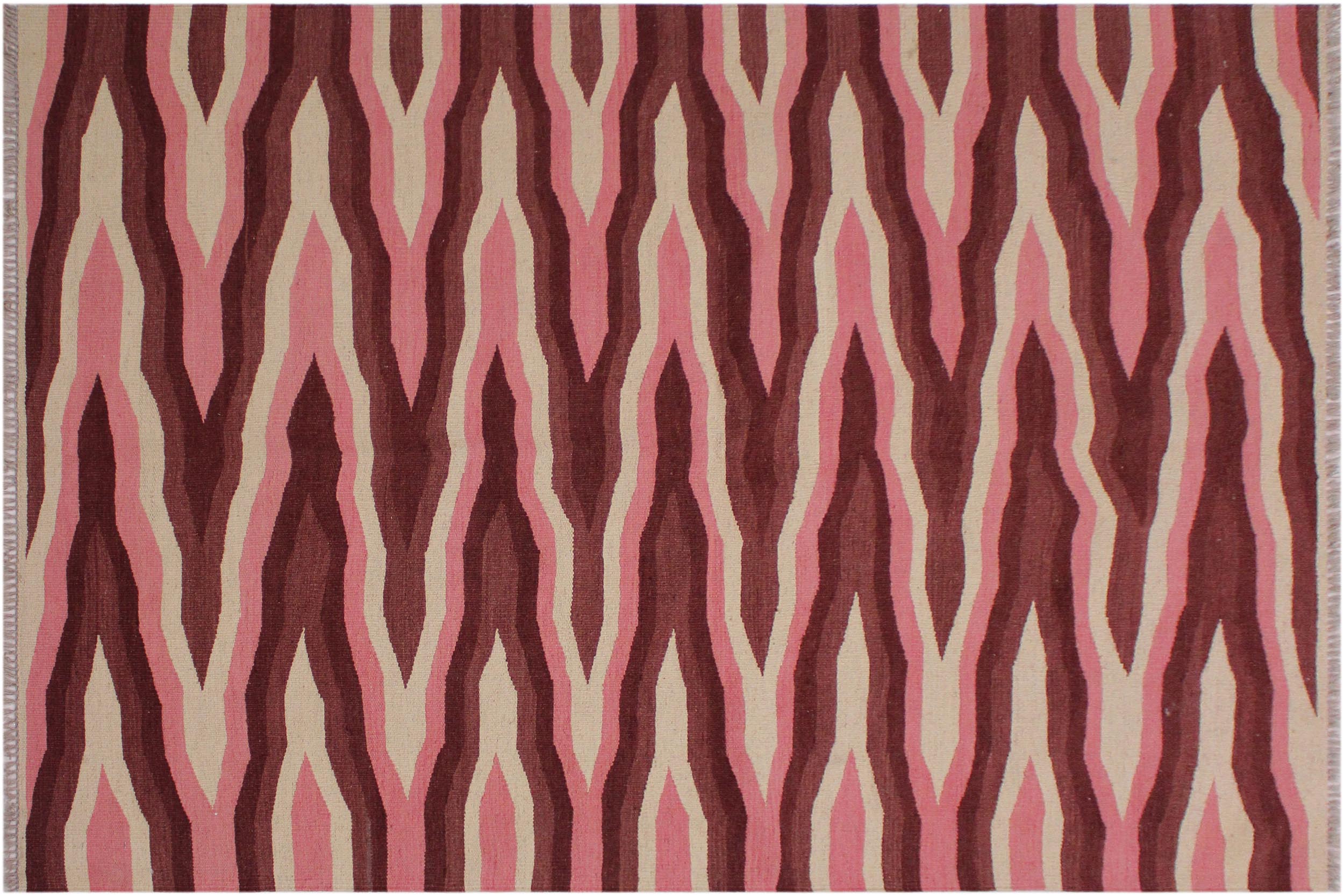 handmade Modern Kilim Ivory Pink Hand-Woven RECTANGLE 100% WOOL area rug 4x6