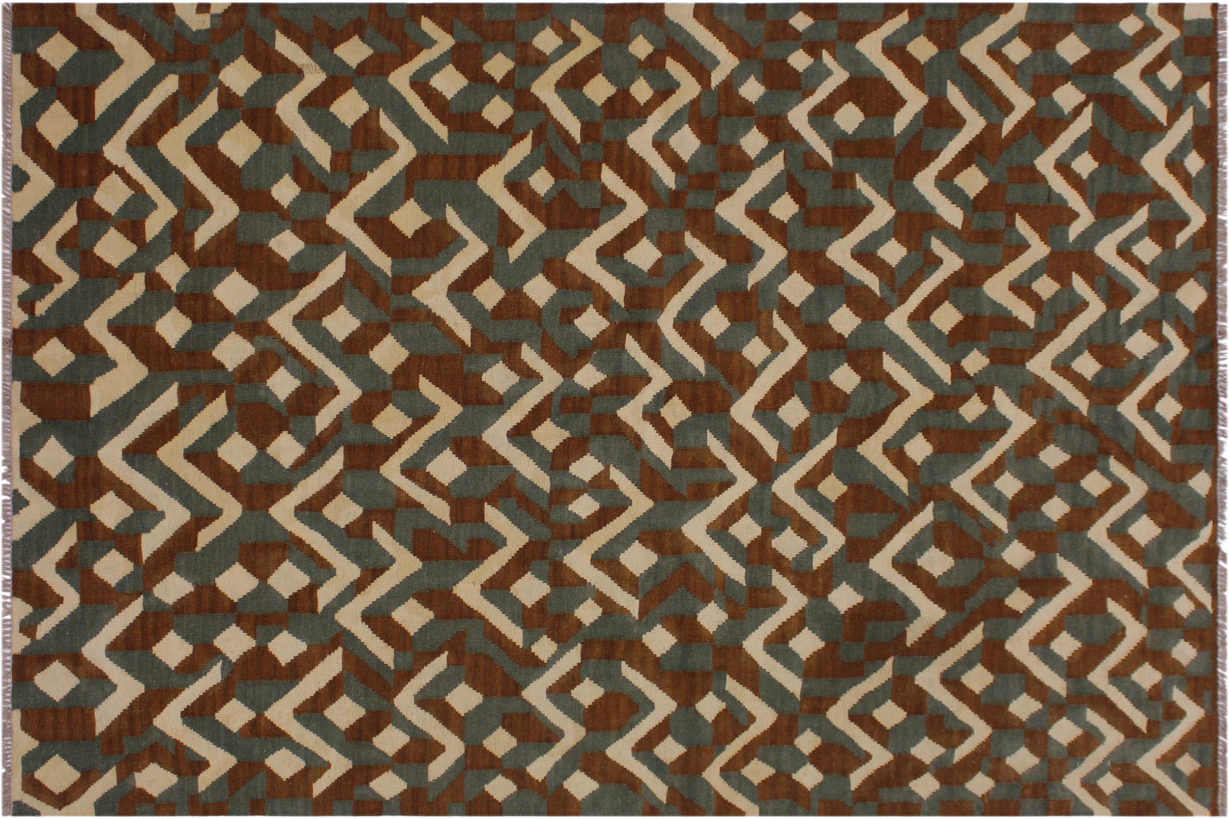 handmade Modern Kilim Brown Ivory Hand-Woven RECTANGLE 100% WOOL area rug 5x7