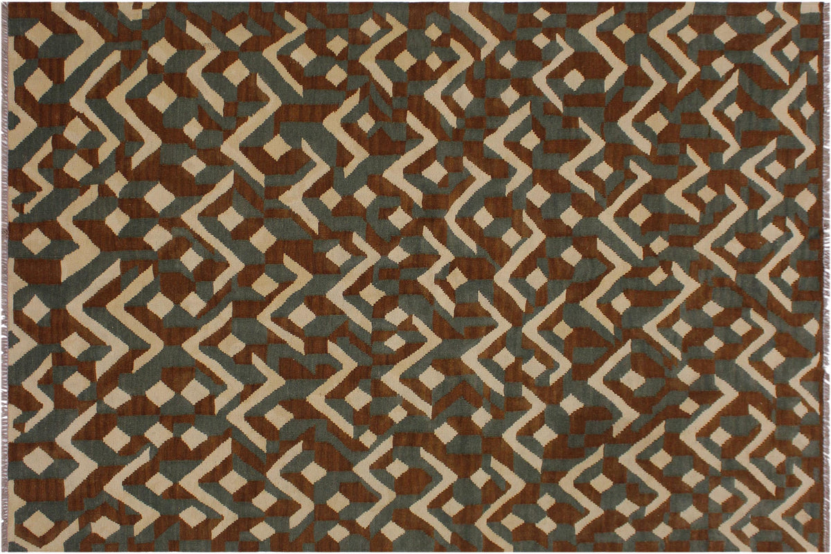 handmade Modern Kilim Brown Ivory Hand-Woven RECTANGLE 100% WOOL area rug 5x7