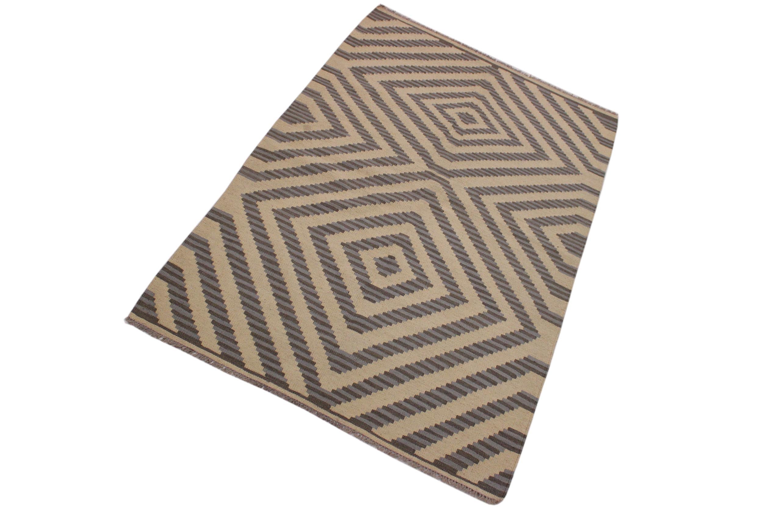 handmade Modern Kilim Ivory Grey Hand-Woven RECTANGLE 100% WOOL area rug 4 x 6