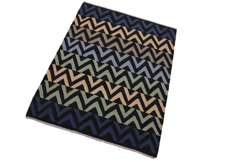 handmade Modern Kilim Black Blue Hand-Woven RECTANGLE 100% WOOL area rug 4x6