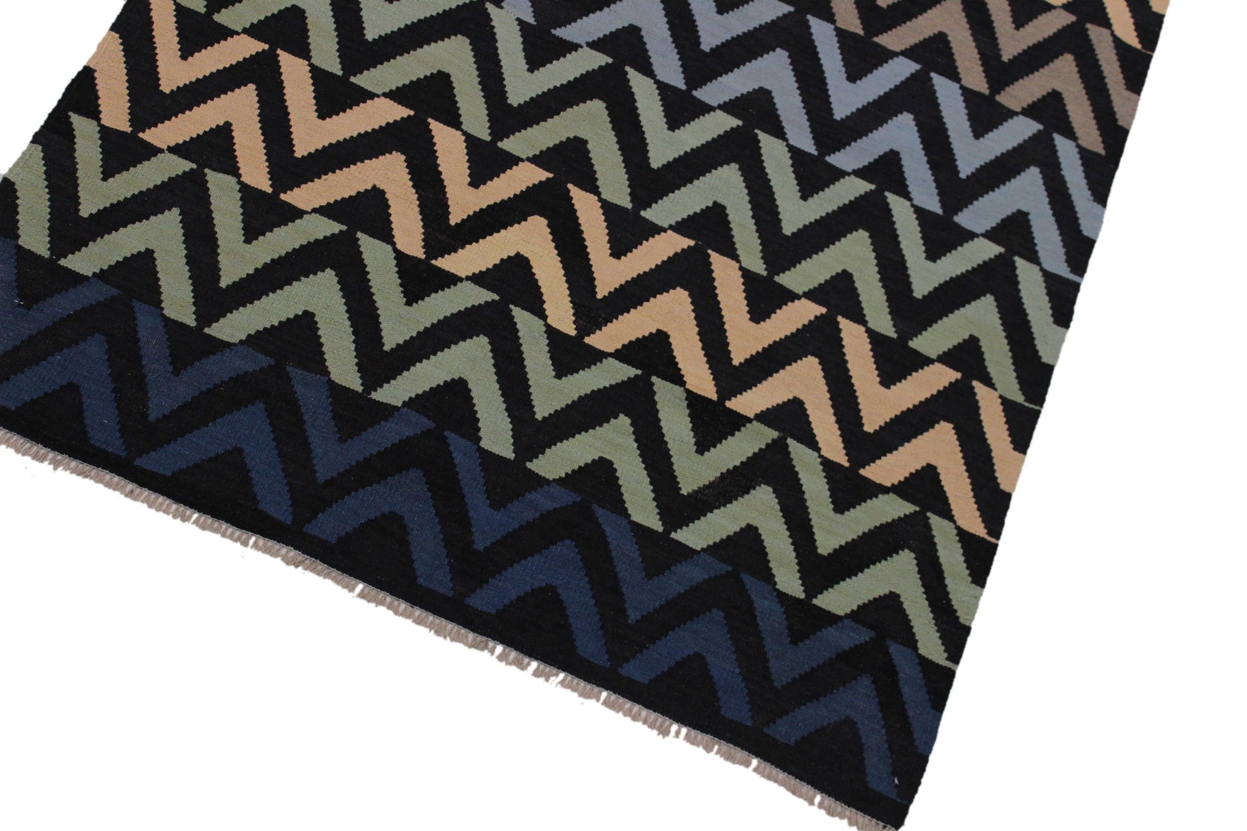 handmade Modern Kilim Black Blue Hand-Woven RECTANGLE 100% WOOL area rug 4x6