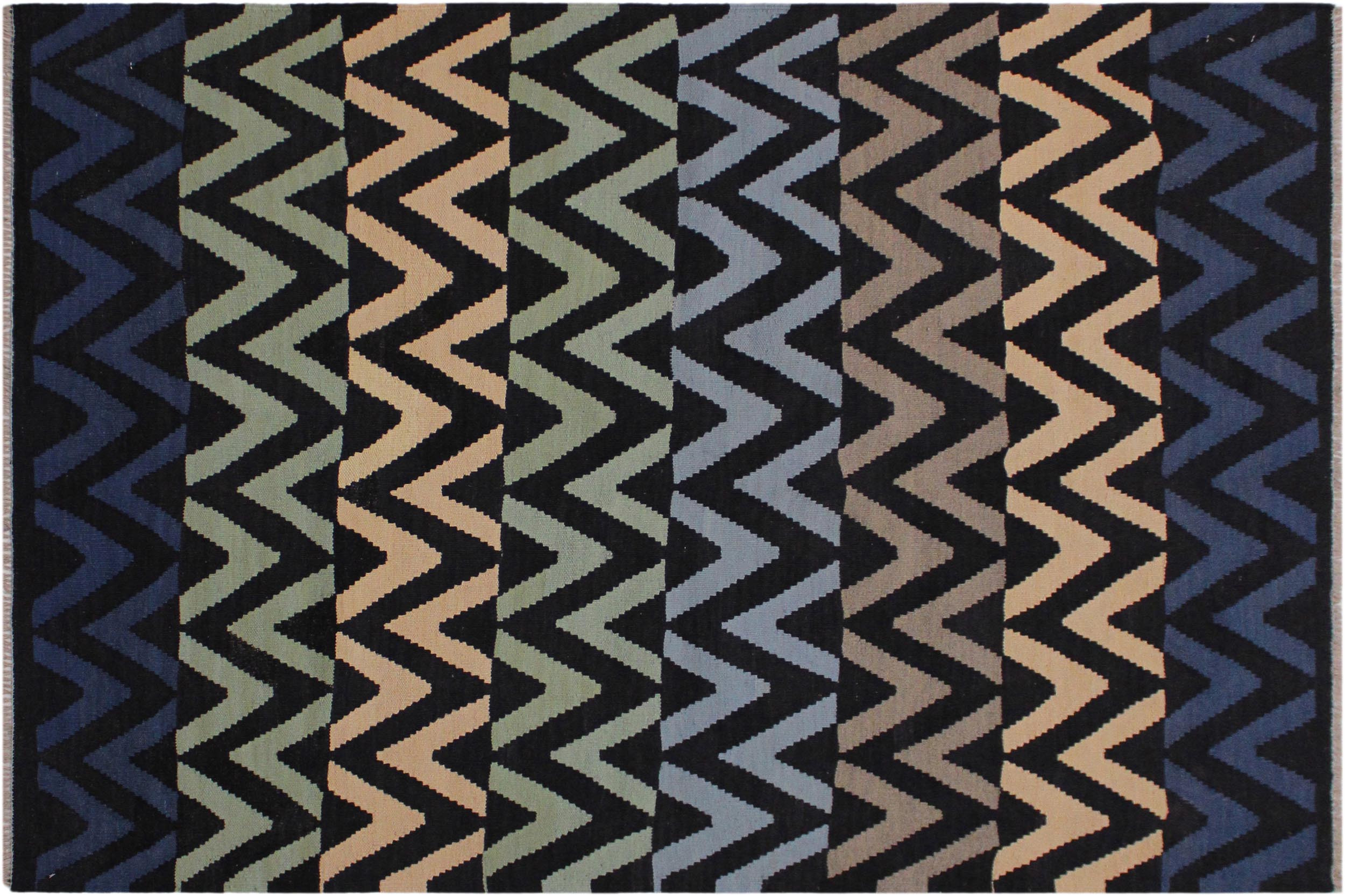 handmade Modern Kilim Black Blue Hand-Woven RECTANGLE 100% WOOL area rug 4x6