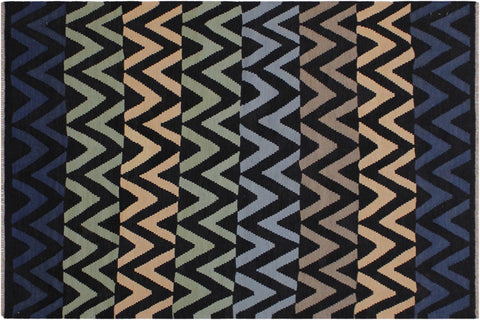 handmade Modern Kilim Black Blue Hand-Woven RECTANGLE 100% WOOL area rug 4x6