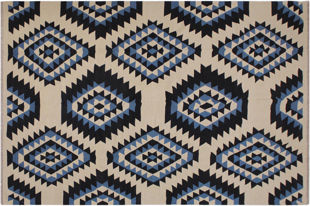 handmade Modern Kilim Ivory Black Hand-Woven RECTANGLE 100% WOOL area rug 8x10