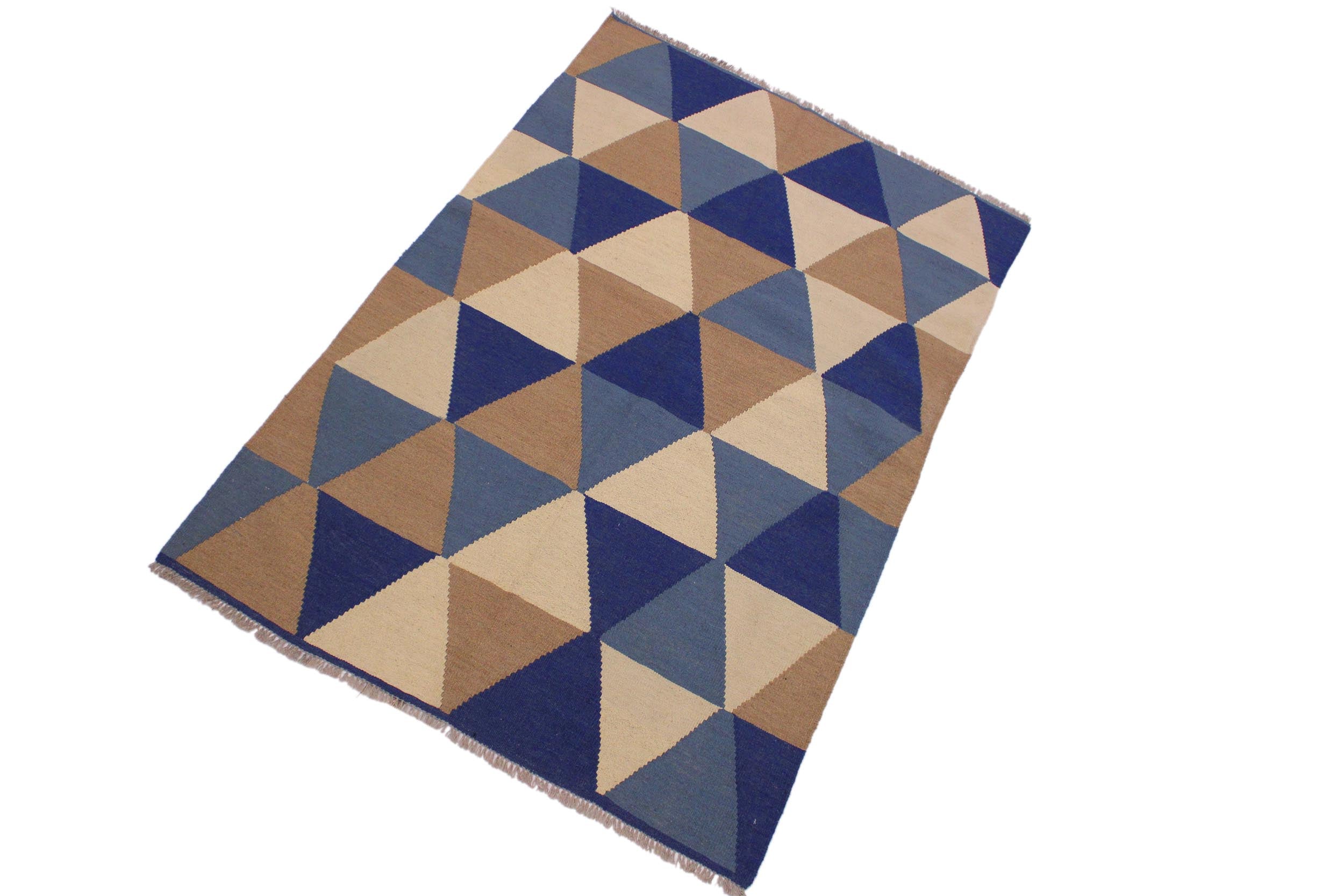 handmade Modern Kilim Ivory Blue Hand-Woven RECTANGLE 100% WOOL area rug 4x6
