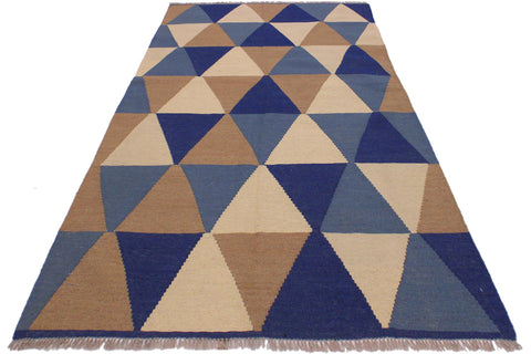 handmade Modern Kilim Ivory Blue Hand-Woven RECTANGLE 100% WOOL area rug 4x6