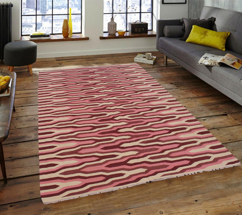 handmade Modern Kilim Ivory Pink Hand-Woven RECTANGLE 100% WOOL area rug 6x9
