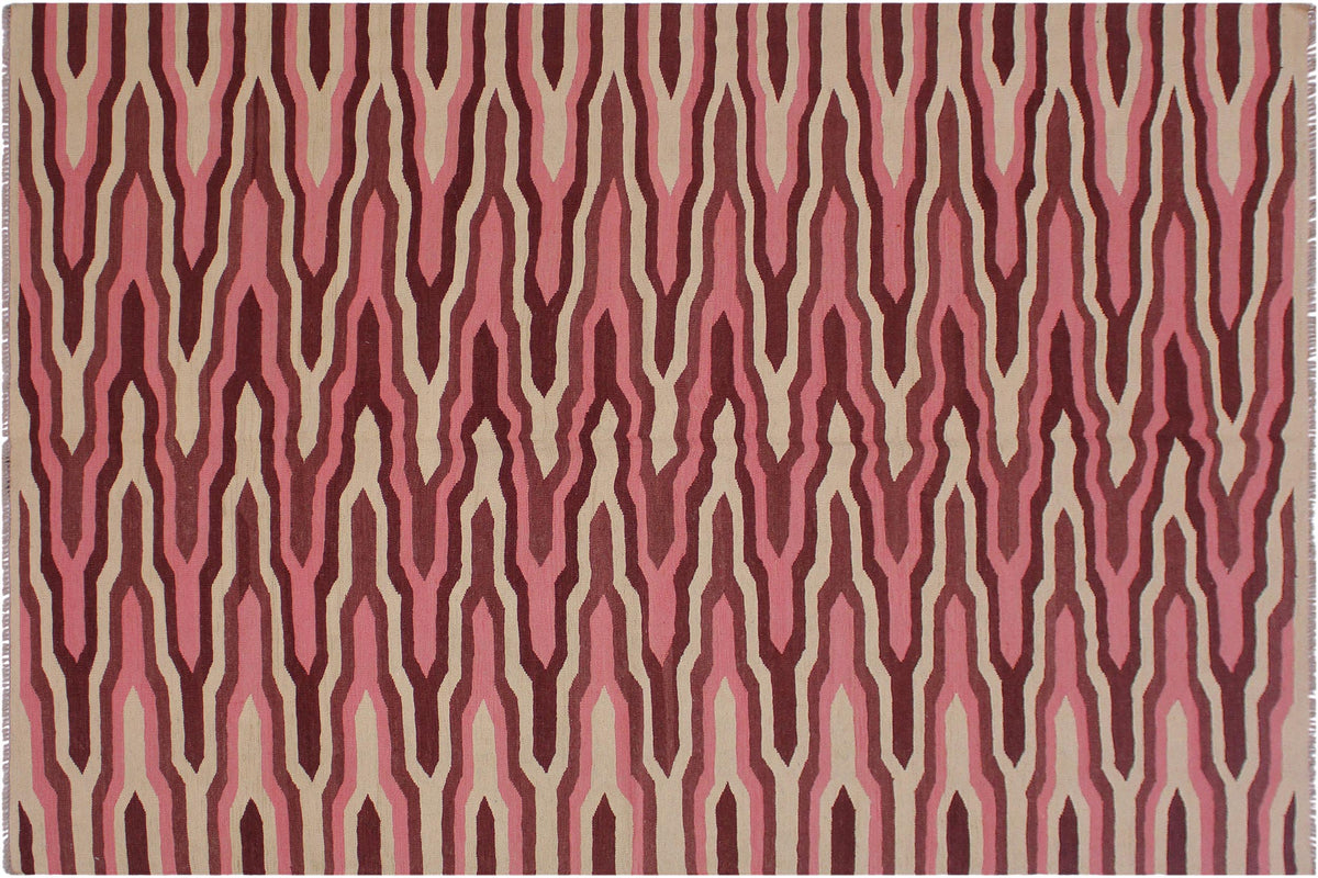 handmade Modern Kilim Ivory Pink Hand-Woven RECTANGLE 100% WOOL area rug 6x9