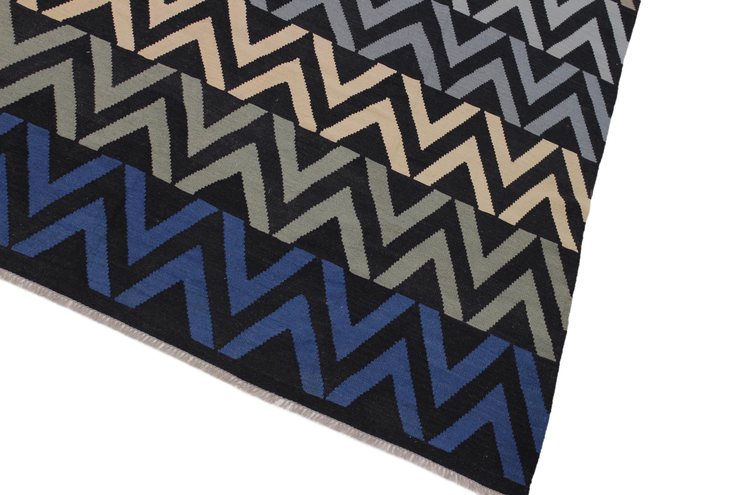 handmade Modern Kilim Black Ivory Hand-Woven RECTANGLE 100% WOOL area rug 8x10