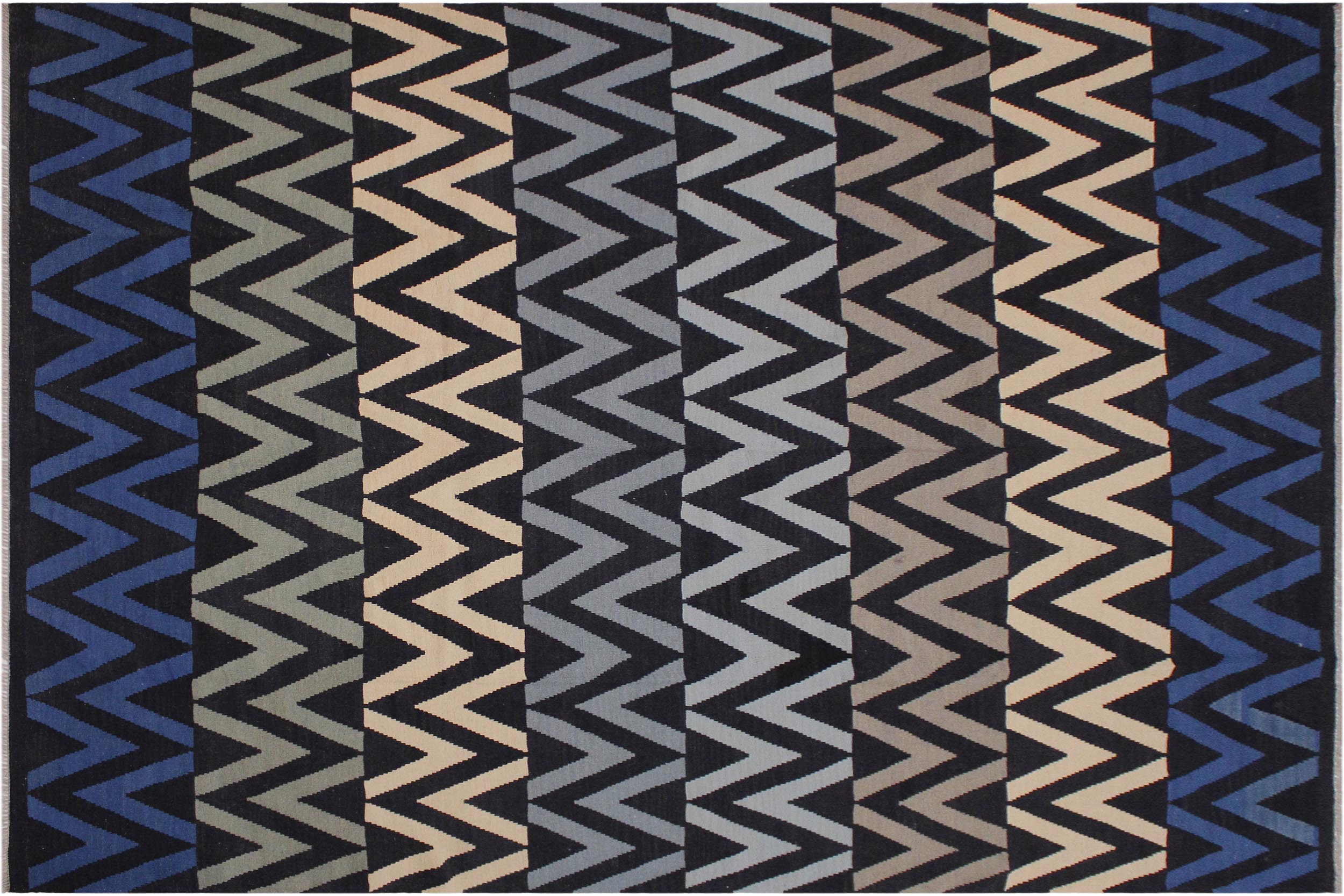 handmade Modern Kilim Black Ivory Hand-Woven RECTANGLE 100% WOOL area rug 8x10