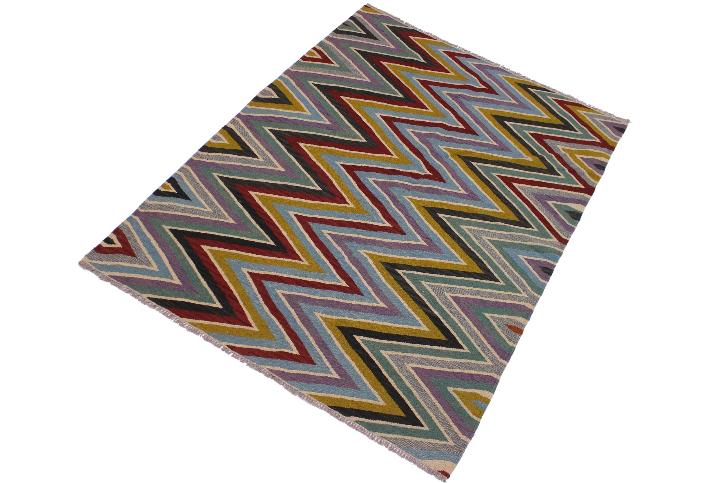 handmade Modern Kilim Lt. Blue Red Hand-Woven RECTANGLE 100% WOOL area rug 5x7