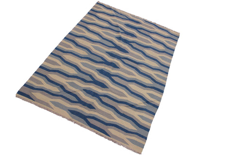 handmade Modern Kilim Ivory Blue Hand-Woven RECTANGLE 100% WOOL area rug 5x7