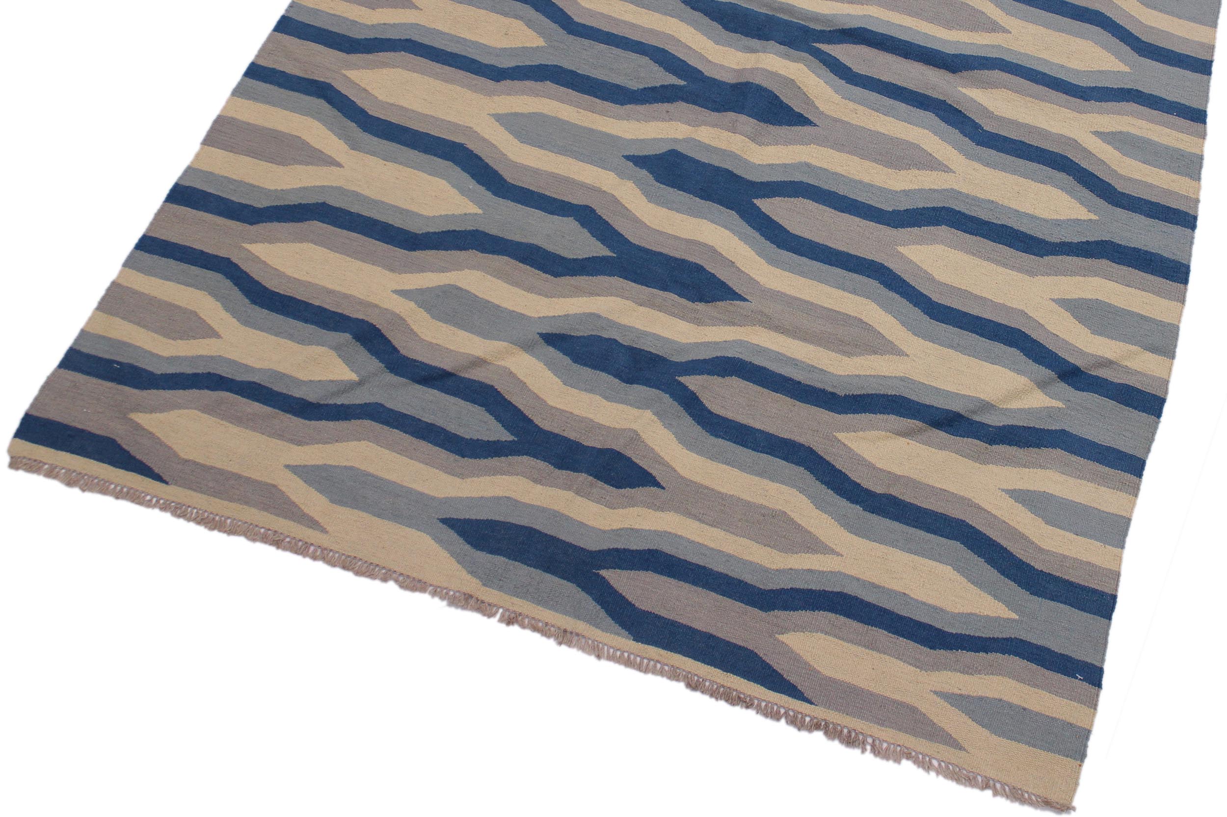 handmade Modern Kilim Ivory Blue Hand-Woven RECTANGLE 100% WOOL area rug 5x7