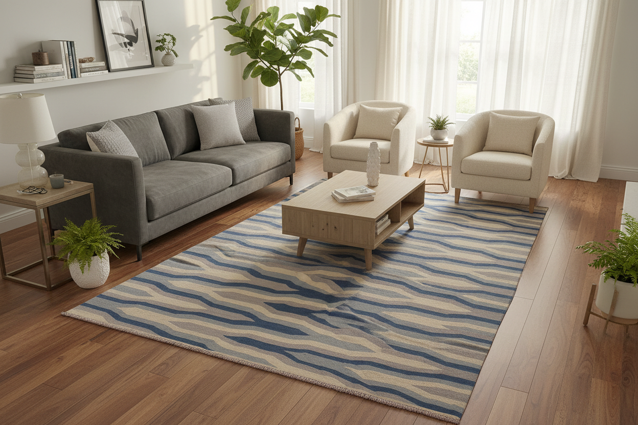 handmade Modern Kilim Ivory Blue Hand-Woven RECTANGLE 100% WOOL area rug 5x7
